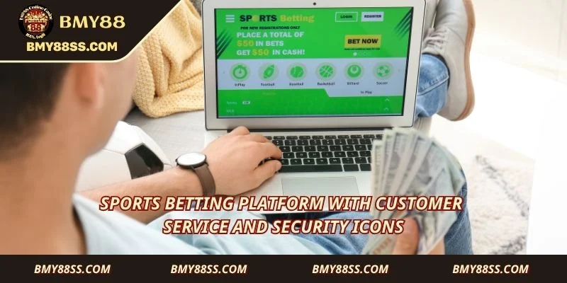 Sports betting platform with customer service and security icons