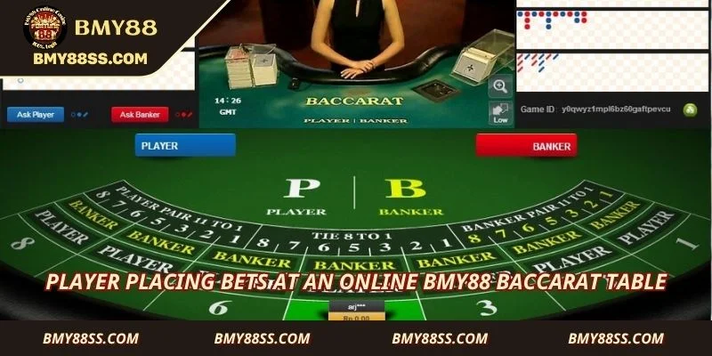 Player placing bets at an online Bmy88 baccarat table
