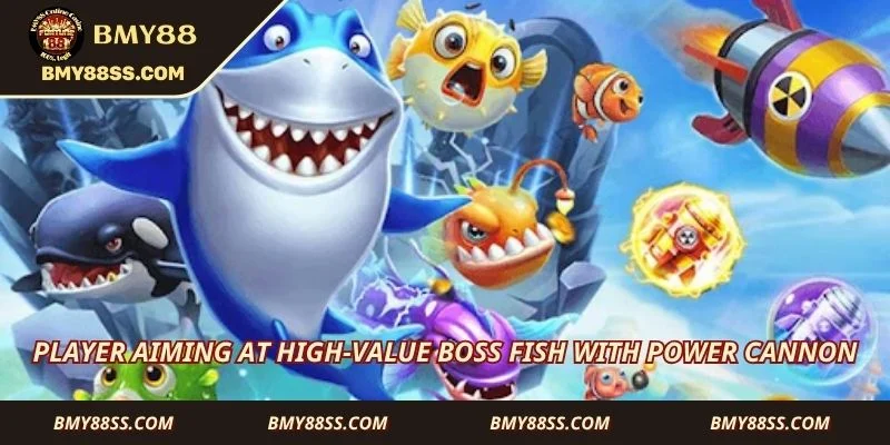 Player aiming at high-value boss fish with power cannon