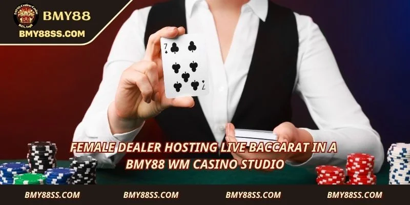 Female dealer hosting live baccarat in a Bmy88 WM casino studio