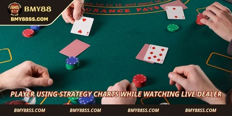 Player using strategy charts while watching live dealer