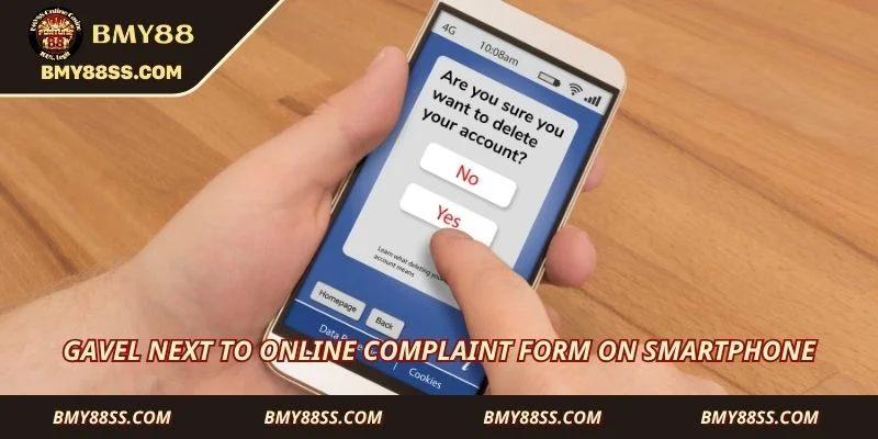 Gavel next to online complaint form on smartphone