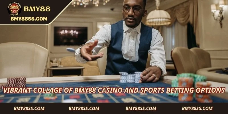 Vibrant collage of Bmy88 casino and sports betting options
